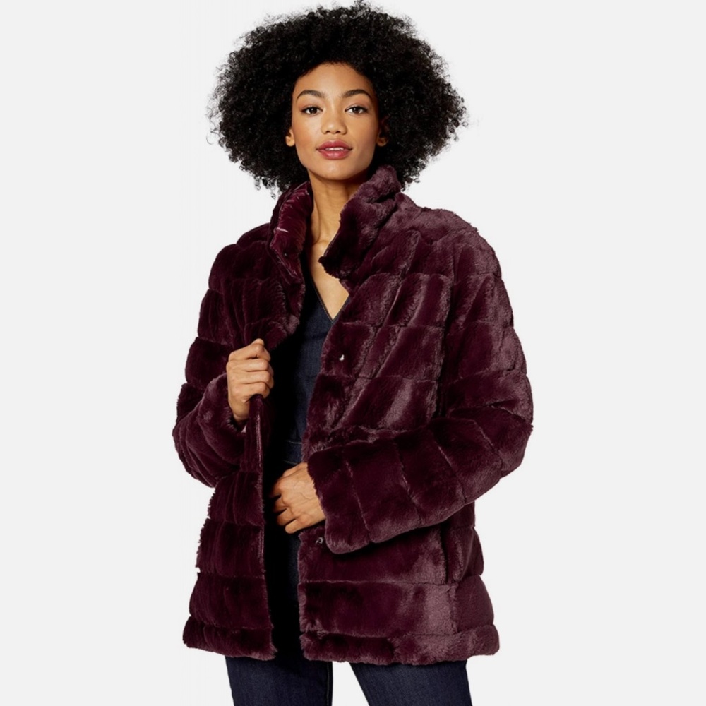 Kensie Faux Fur Reversible Quilted Jacket Coat Burgundy SZ XL